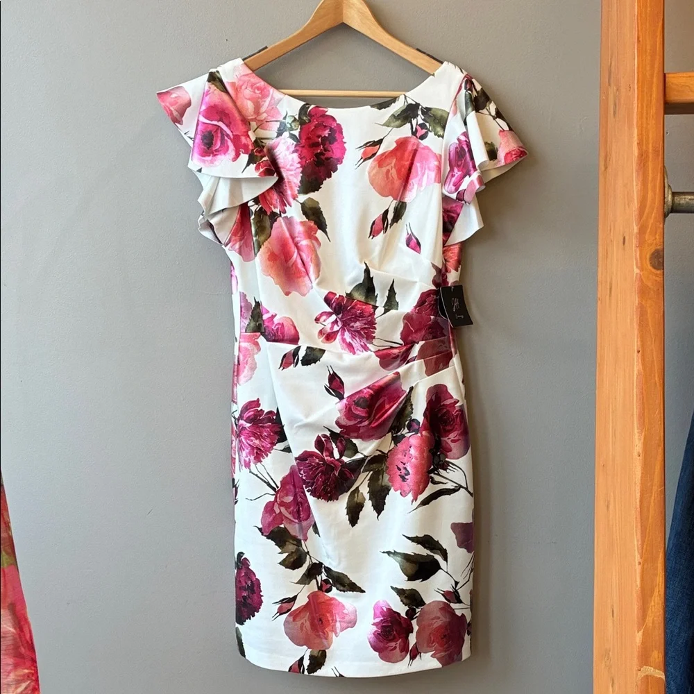 JH Evenings Pink Shimmer Floral Ruffle Sleeve Dress, sz 16 - Picture 2 of 11